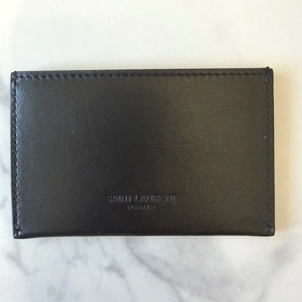 YSL Saint Laurent Paris Leather Card Holder Black Mirror Case Business Luxury